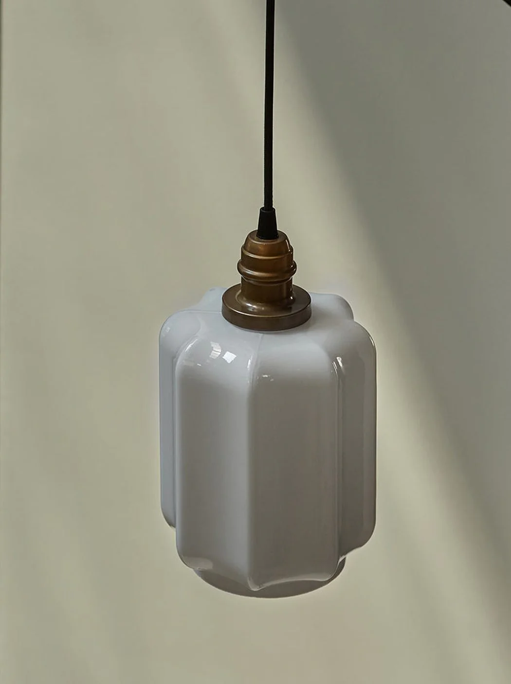Art Deco Clarice Milk Glass Shade Brass Pendant Light - Image 10