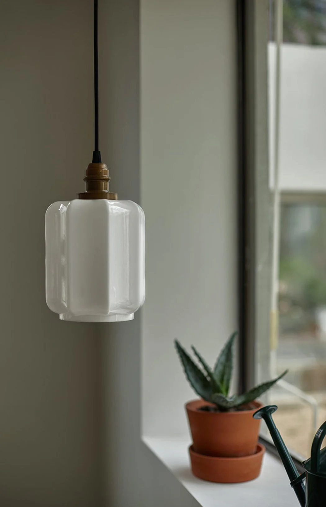 Art Deco Clarice Milk Glass Shade Brass Pendant Light - Image 11