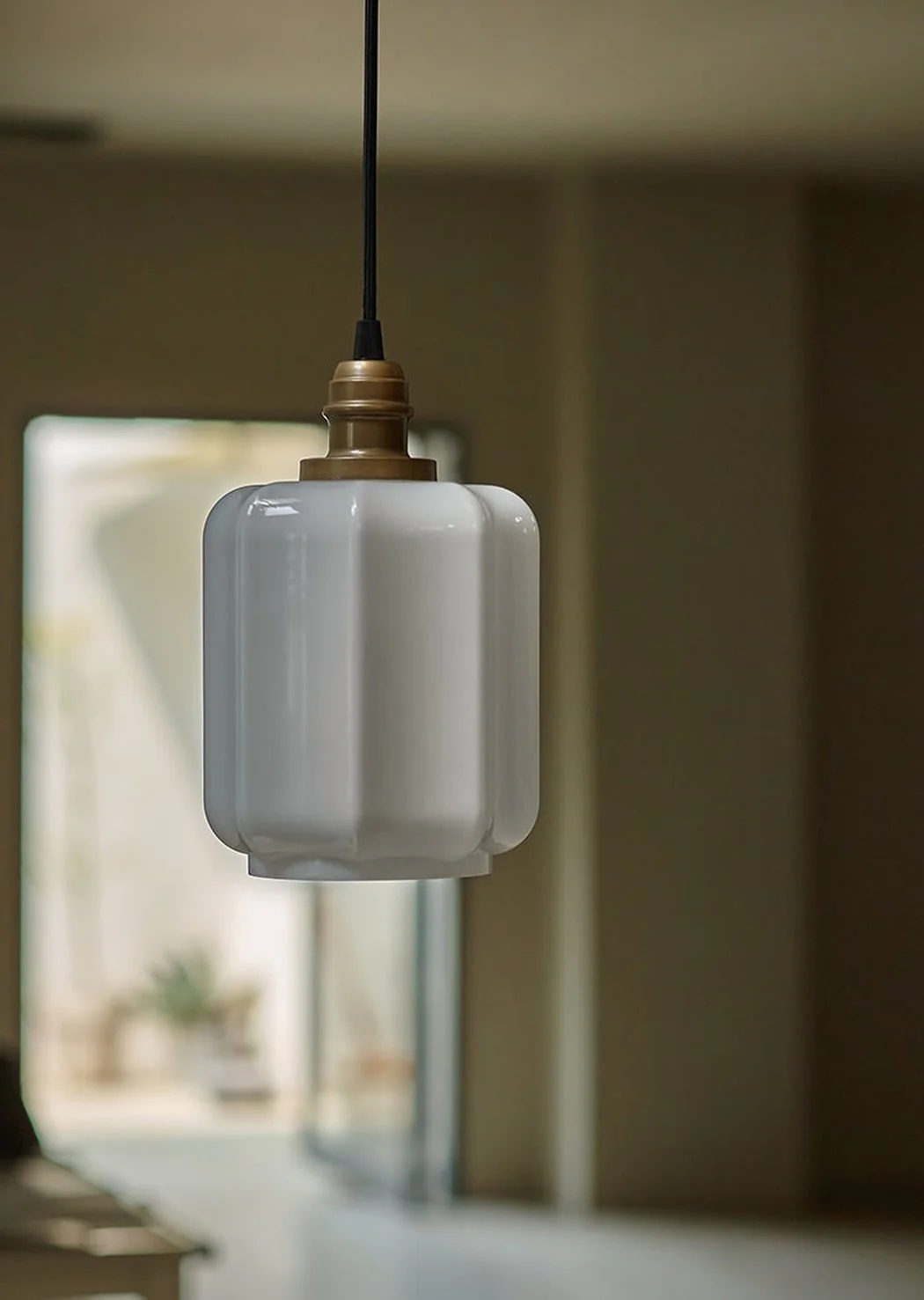 Art Deco Clarice Milk Glass Shade Brass Pendant Light - Image 3