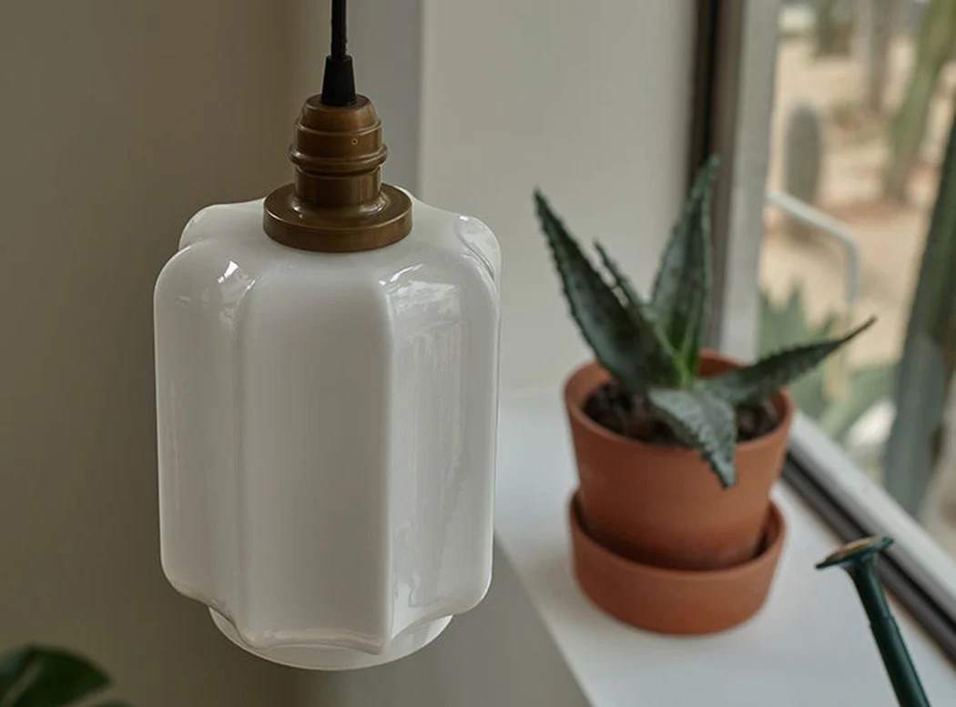 Art Deco Clarice Milk Glass Shade Brass Pendant Light - Image 4