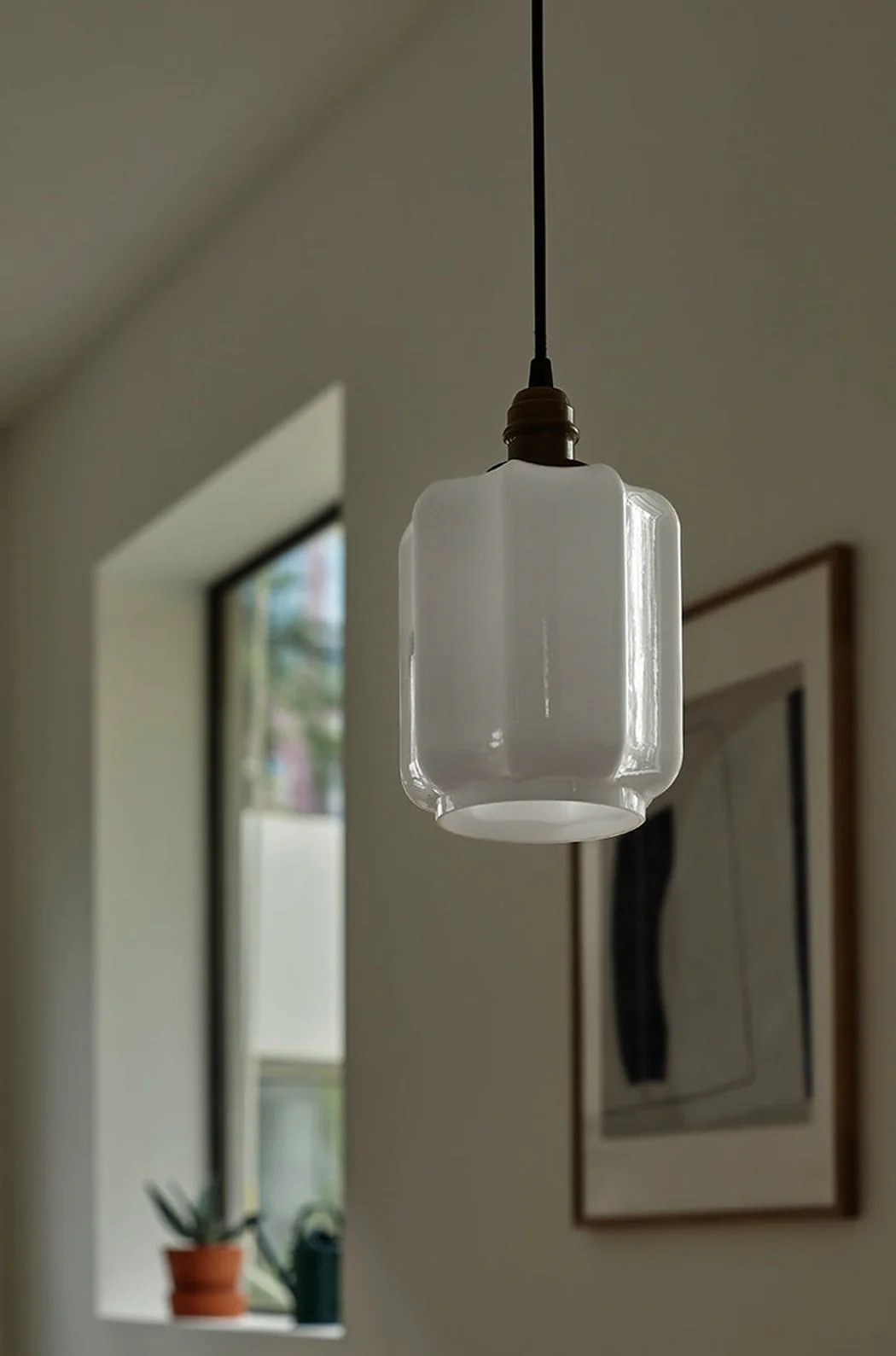 Art Deco Clarice Milk Glass Shade Brass Pendant Light - Image 5