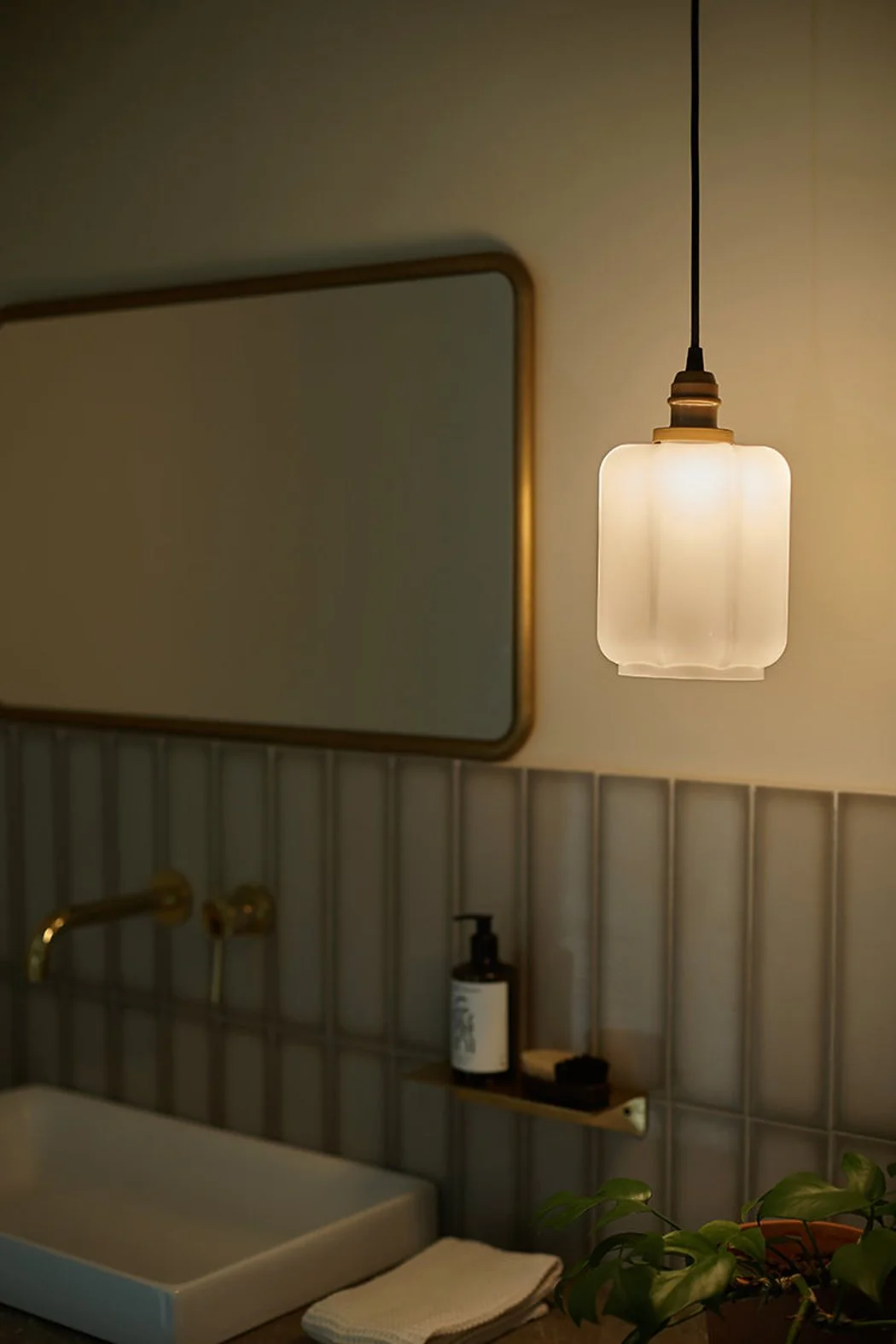 Art Deco Clarice Milk Glass Shade Brass Pendant Light - Image 6
