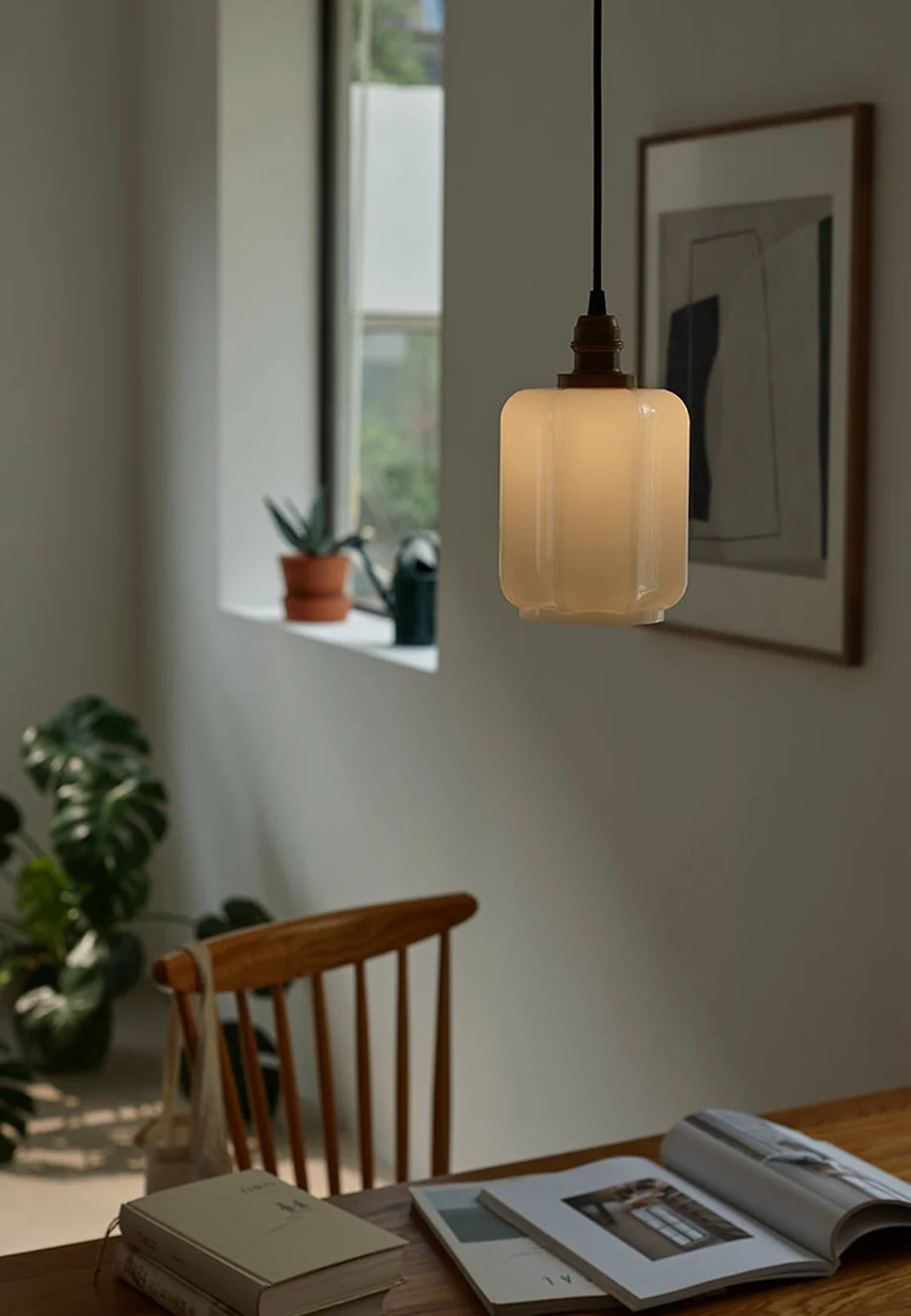 Art Deco Clarice Milk Glass Shade Brass Pendant Light - Image 7