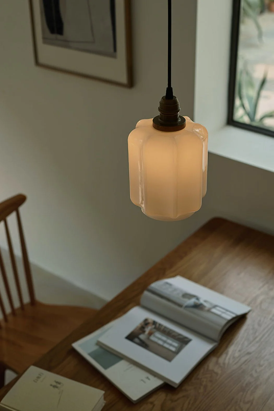 Art Deco Clarice Milk Glass Shade Brass Pendant Light - Image 8