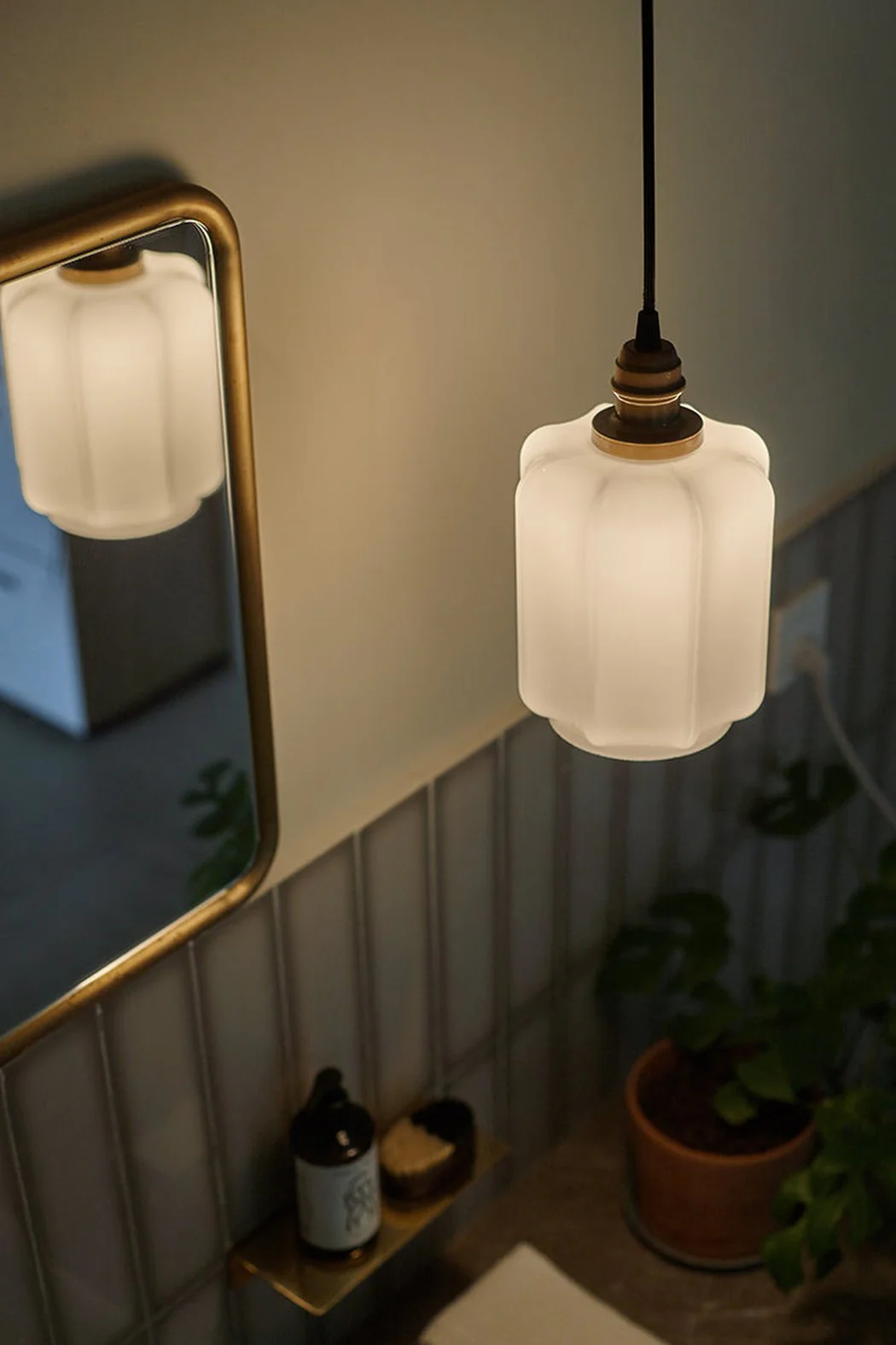 Art Deco Clarice Milk Glass Shade Brass Pendant Light - Image 9