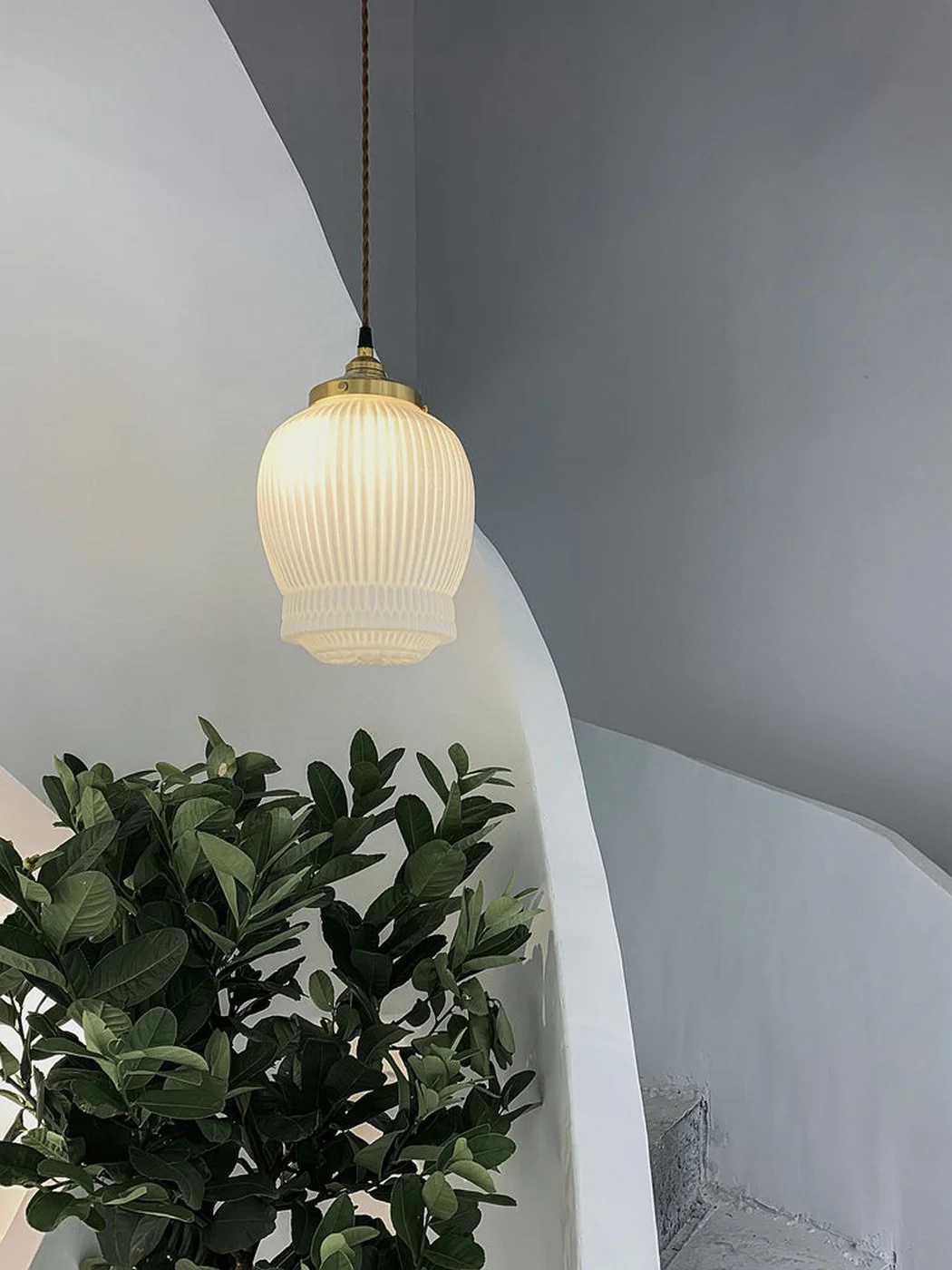 Greta fluted frosted glass mid century modern pendant light - Image 12