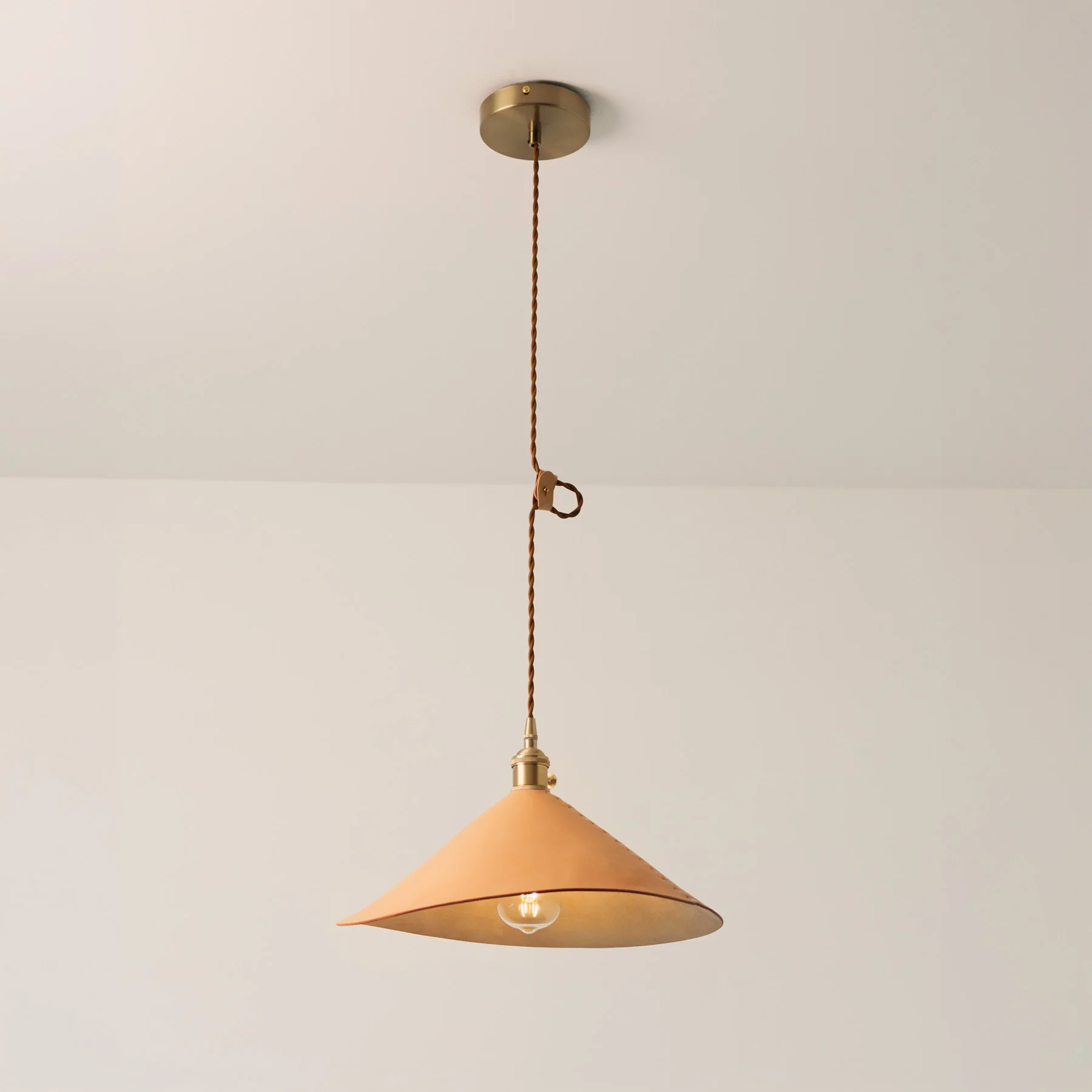 Baxter Leather Cone Shade Brass Fitting Pendant Light - Image 3