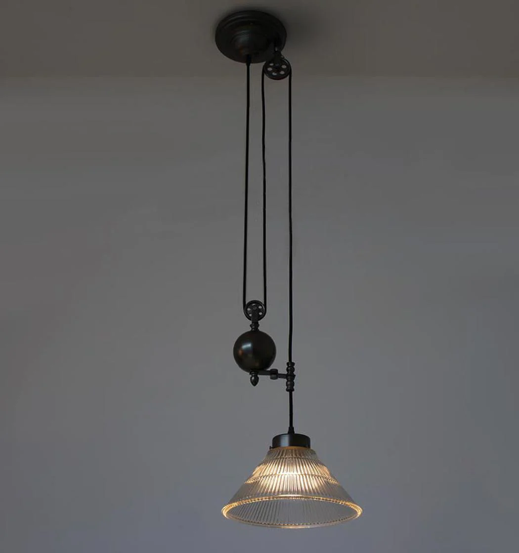 Bennet Ribbed Glass Shade Pulley Industrial Pendant Light - Image 3