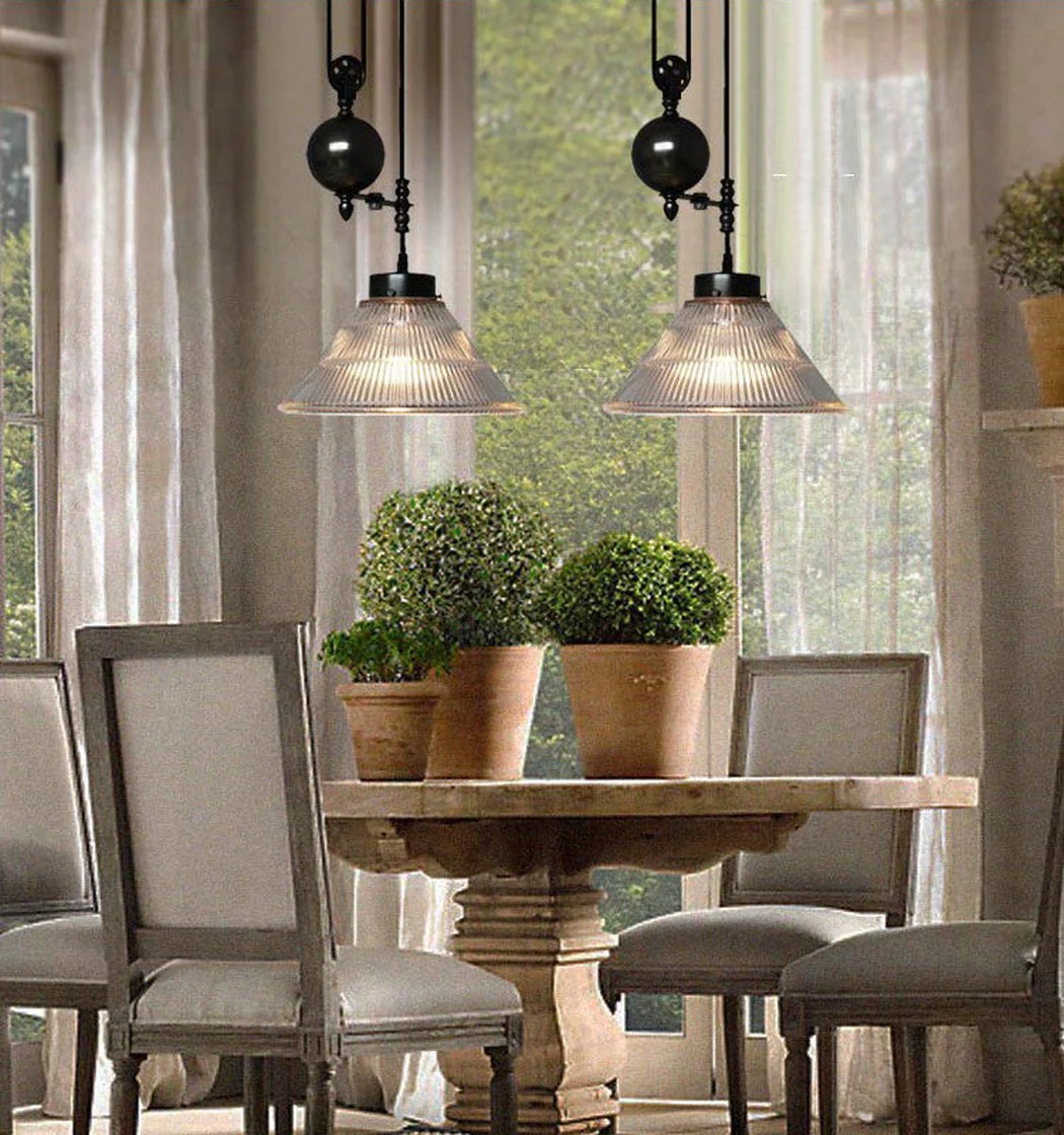 Bennet Ribbed Glass Shade Pulley Industrial Pendant Light - Image 4