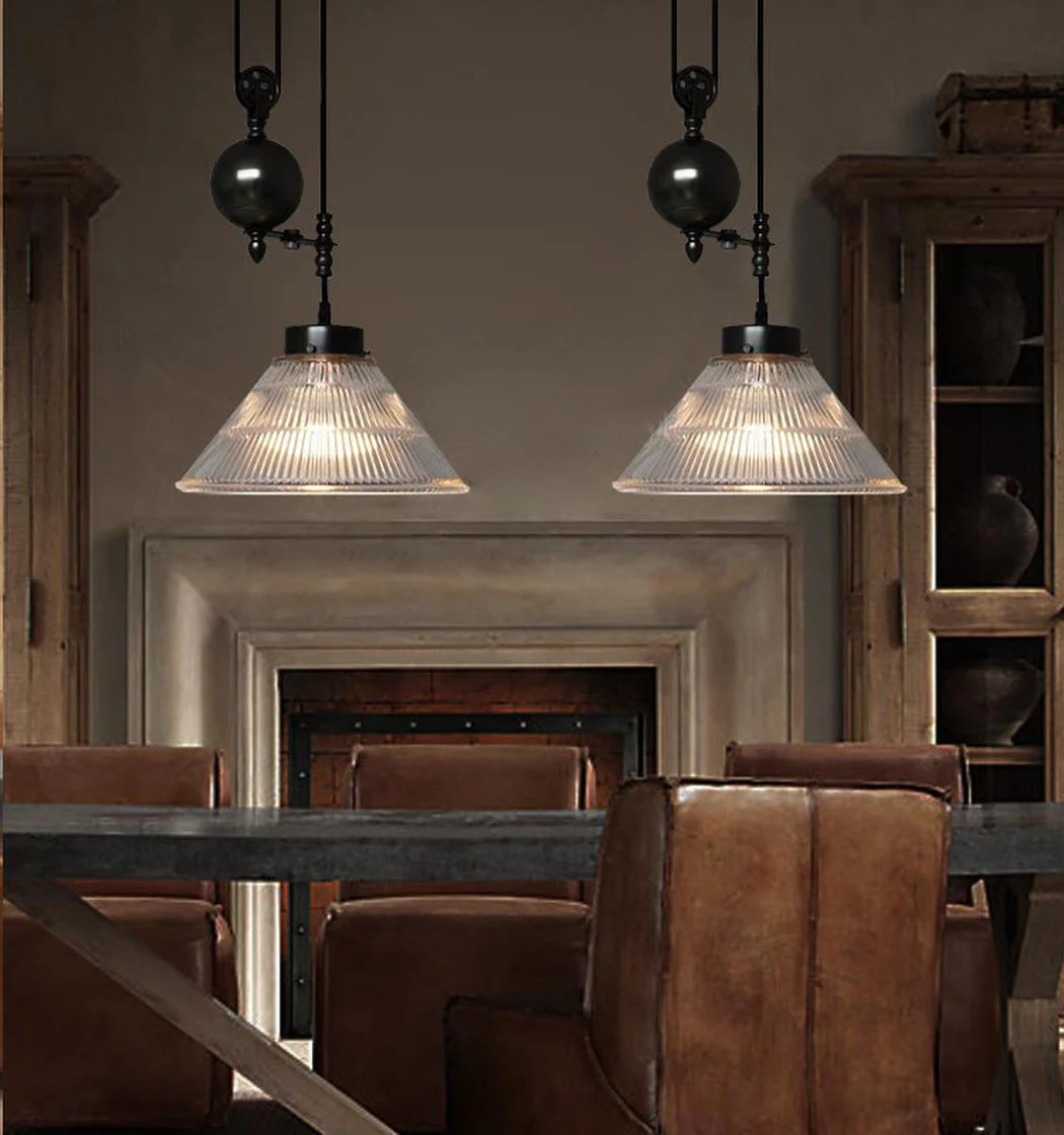 Bennet Ribbed Glass Shade Pulley Industrial Pendant Light - Image 5