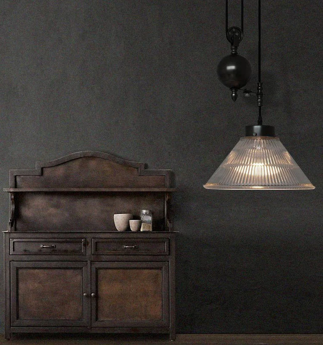 Bennet Ribbed Glass Shade Pulley Industrial Pendant Light - Image 6
