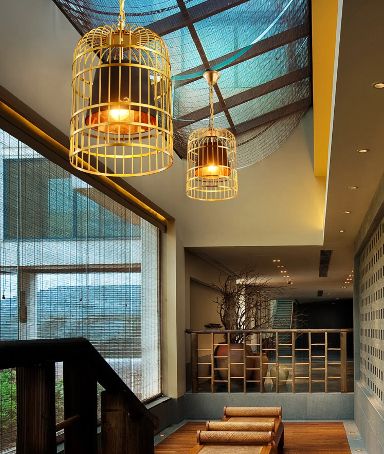 Brass Colour Bird Cage With Black Shade Pendant Light - Image 19