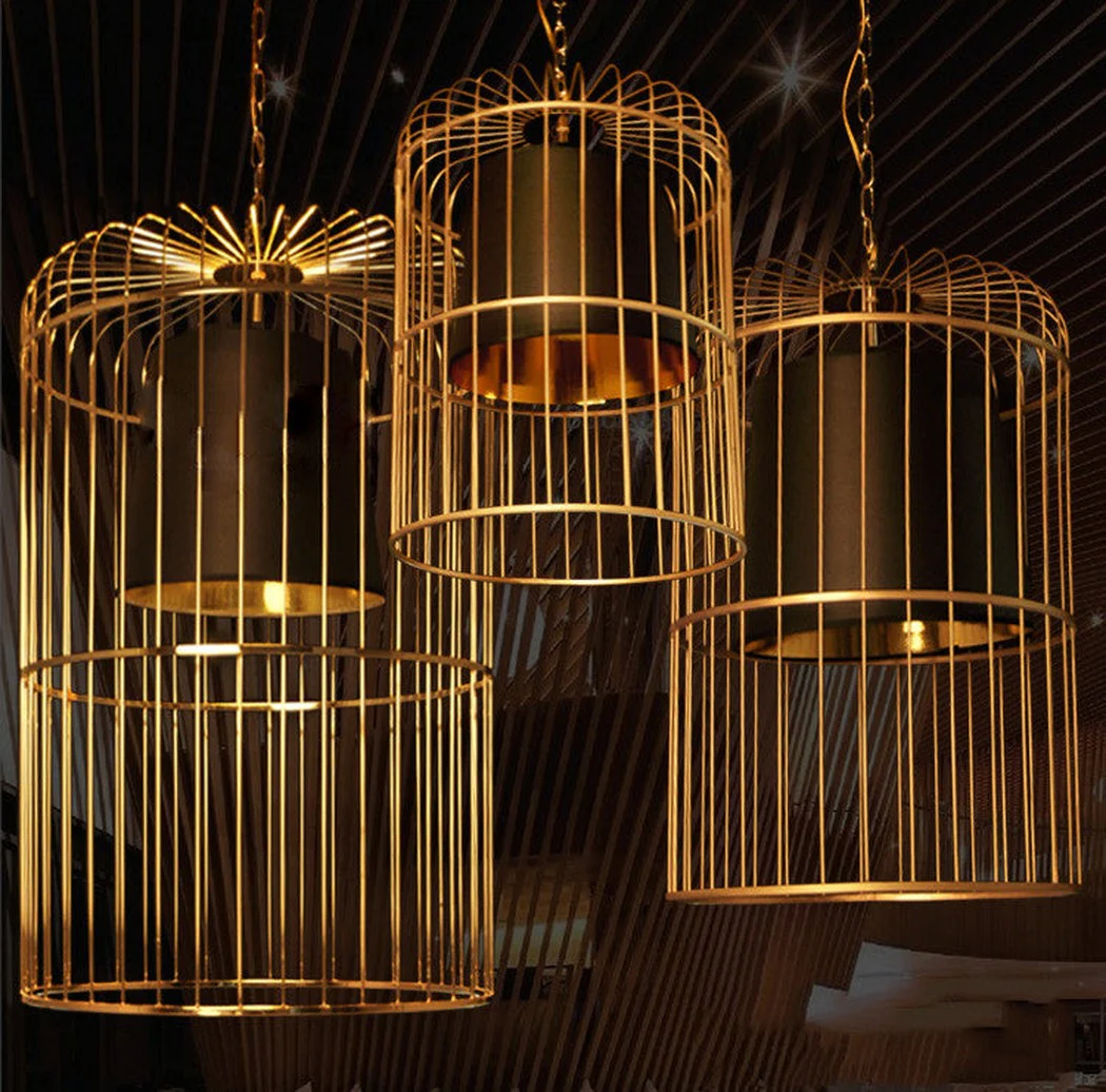 Brass Colour Bird Cage With Black Shade Pendant Light - Image 3