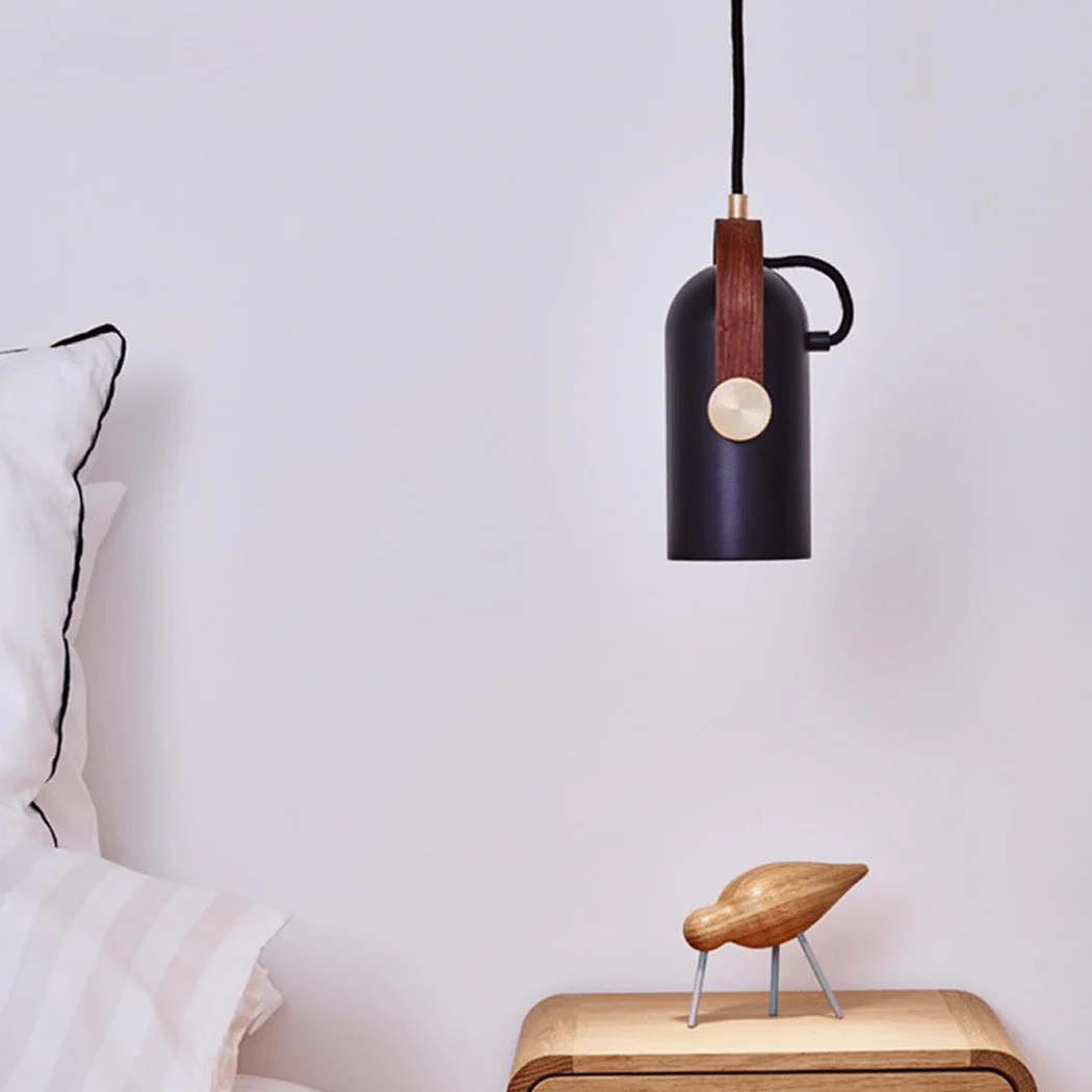 Black Spotlight Minimalist Line Wooden Brass Detail Pendant Light - Image 4