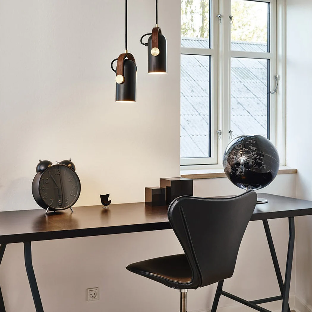Black Spotlight Minimalist Line Wooden Brass Detail Pendant Light - Image 7