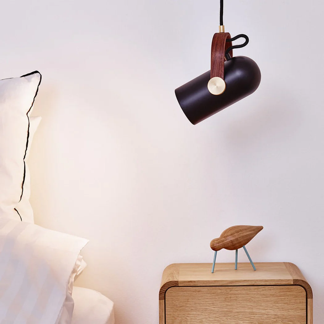 Black Spotlight Minimalist Line Wooden Brass Detail Pendant Light - Image 8