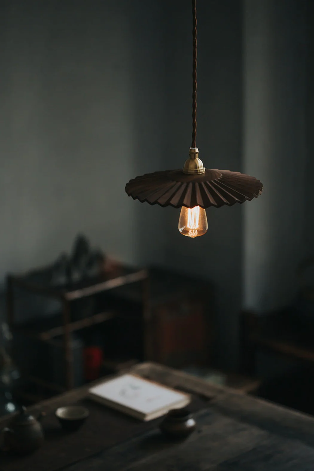 Caffeine fluted walnut wooden shade pendant light - Image 11