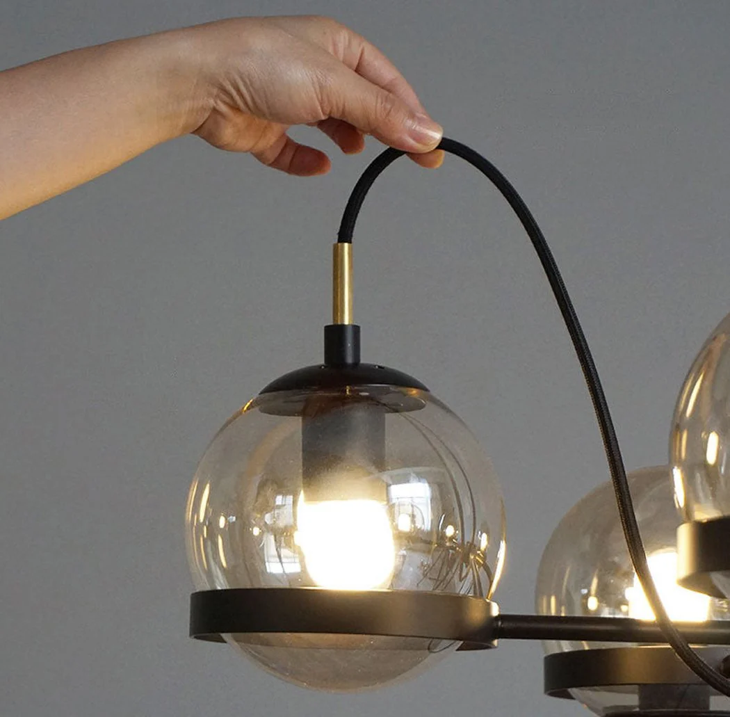 Dexter Glass Orb Brass 5 Bulb Art Deco Mid Century Pendant Light - Image 4