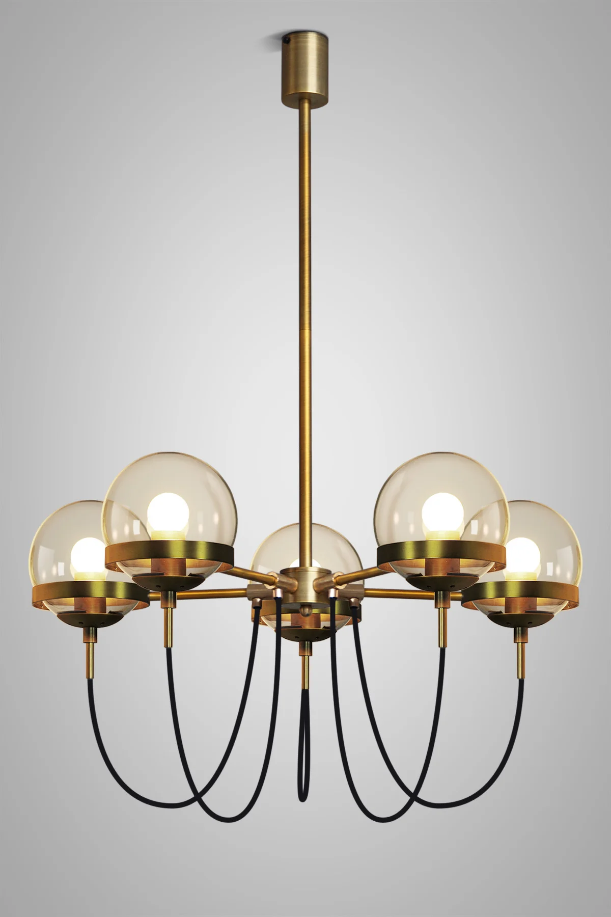 Dexter Glass Orb Brass 5 Bulb Art Deco Mid Century Pendant Light - Image 7