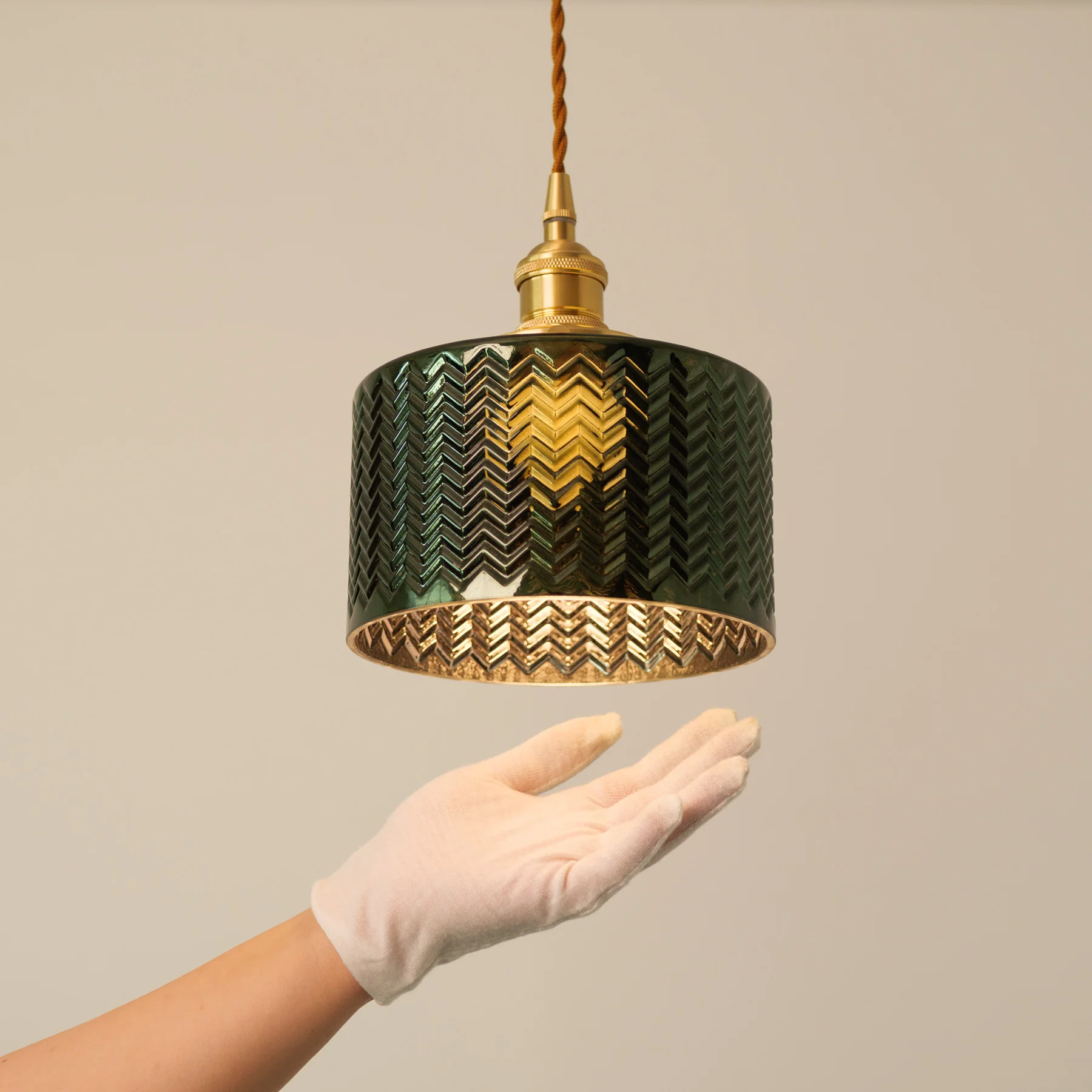 Emerald Fluted Dome Glass With Brass Fitting Art Deco Pendant Light - Image 5
