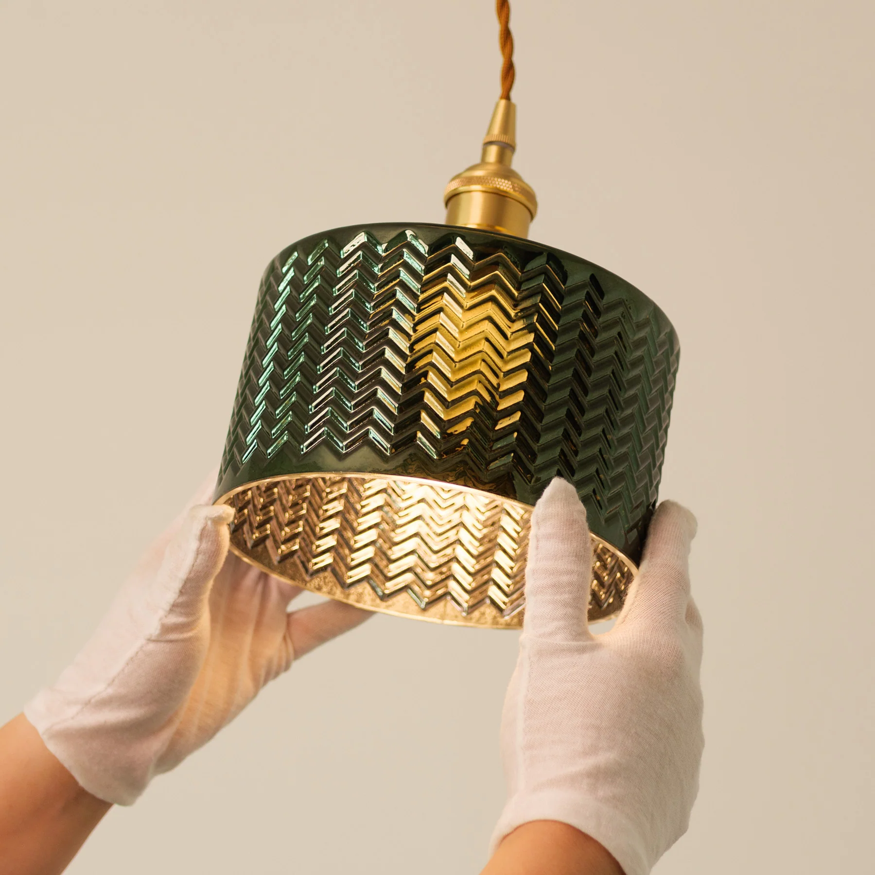 Emerald Fluted Dome Glass With Brass Fitting Art Deco Pendant Light - Image 6