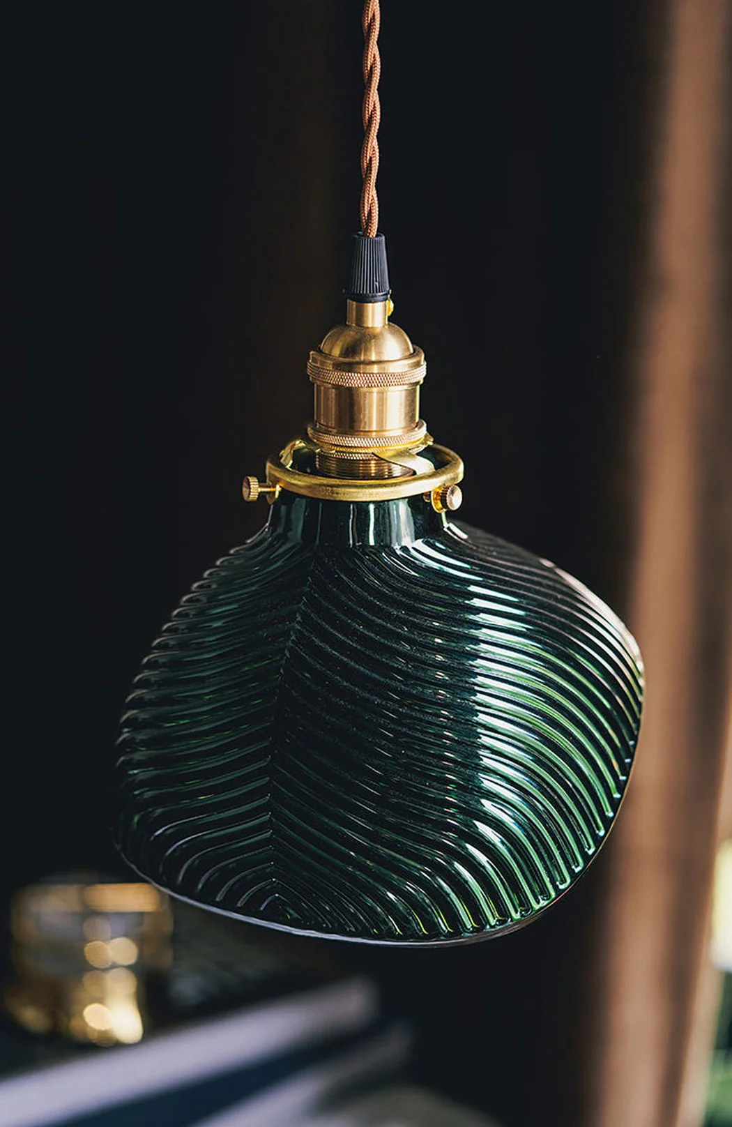 Emerald Green Fluted Shell Glass Art Deco Pendant Light - Image 8