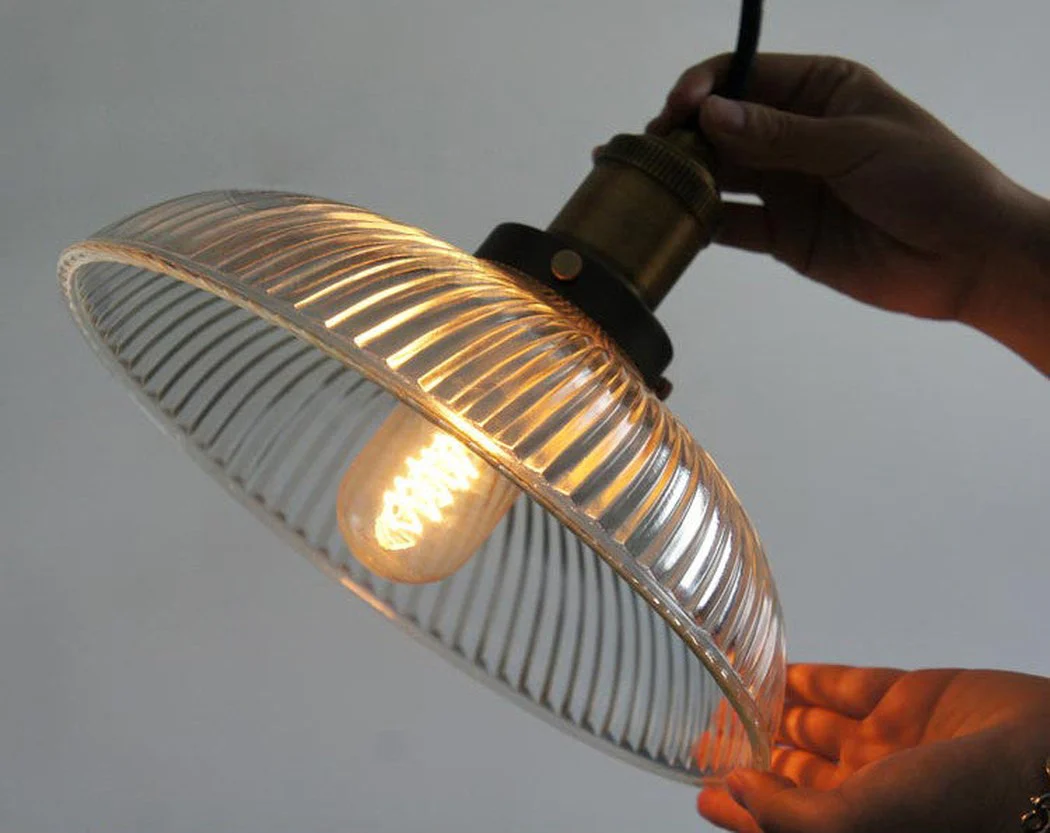 Fluted Glass Shade Brass Fitting Industrial Pendant Light - Image 16