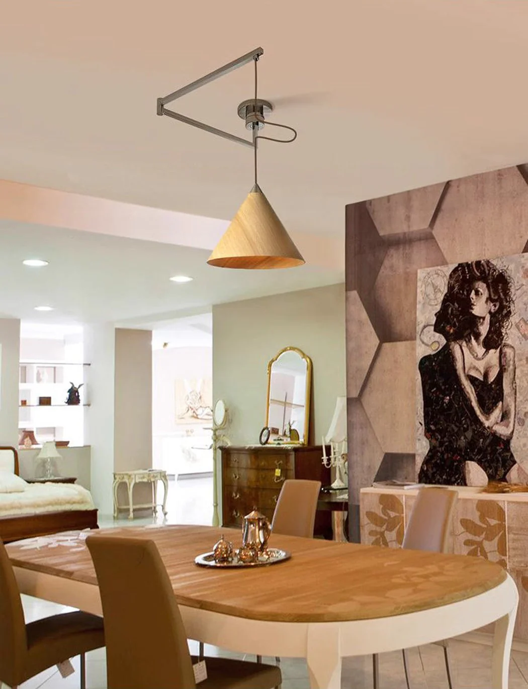 Geppetto Swing Arm Wooden Shade Ceiling Light / Pendant Light - Image 8