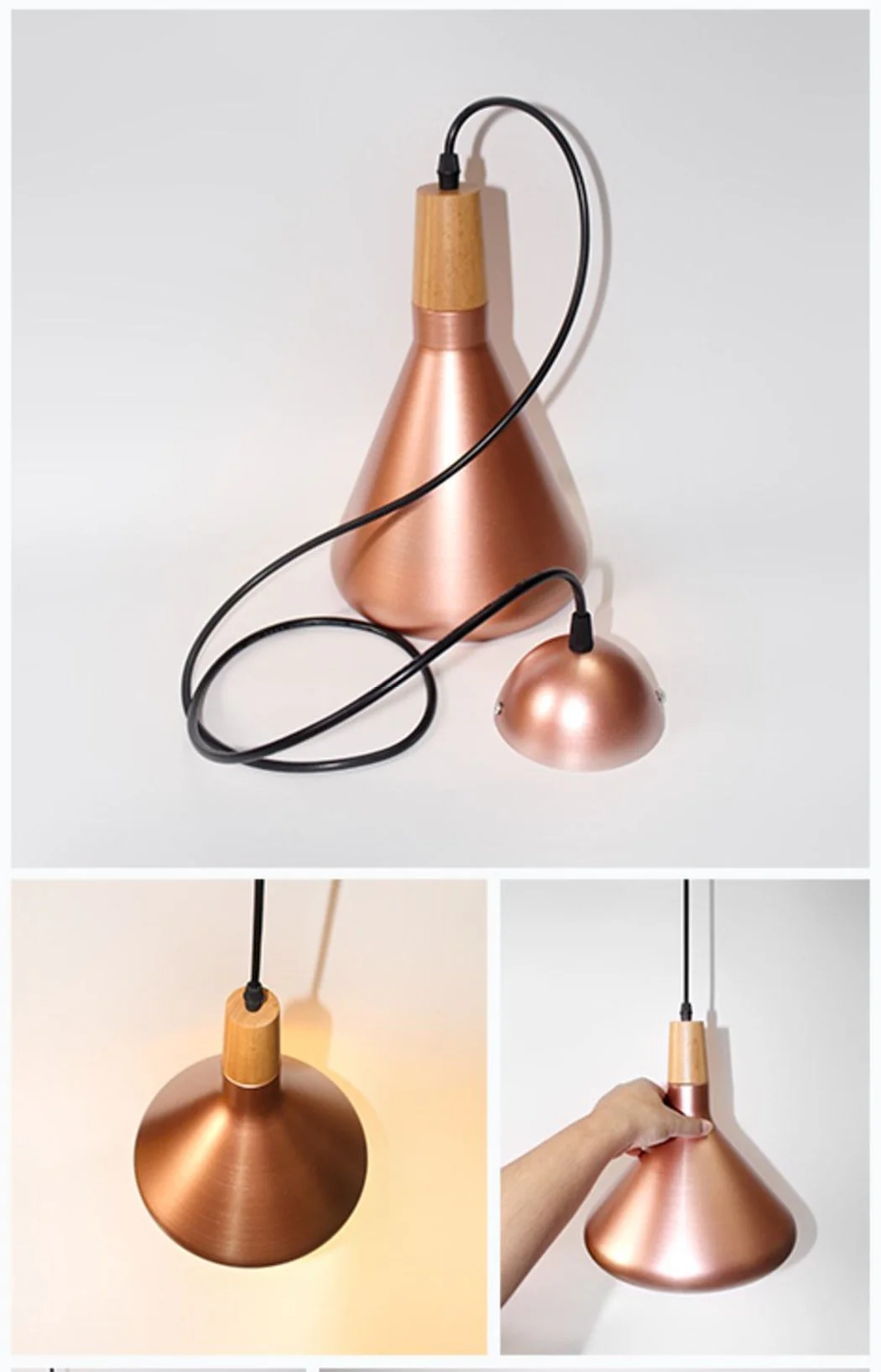 Kopar Minimalist Copper Brass Coloured Shade And Wooden Pendant Light - Image 4