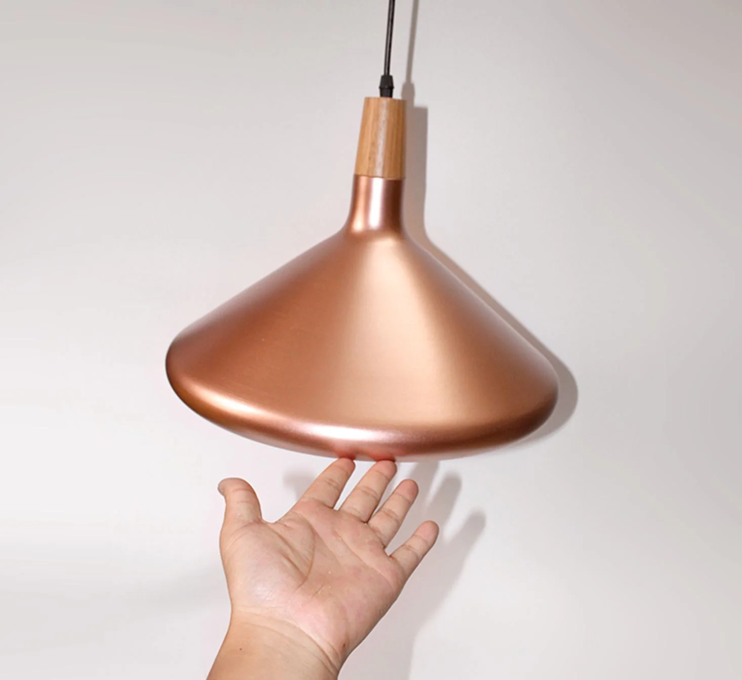 Kopar Minimalist Copper Brass Coloured Shade And Wooden Pendant Light - Image 7