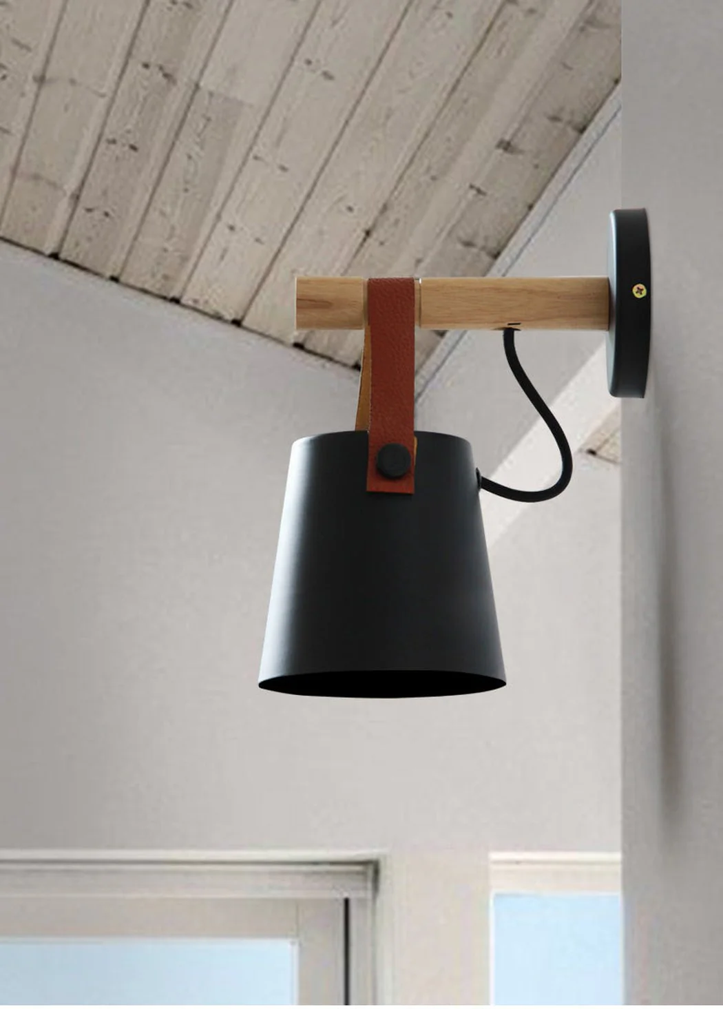 Nora Leather strap wooden scandi wall Light - Image 11
