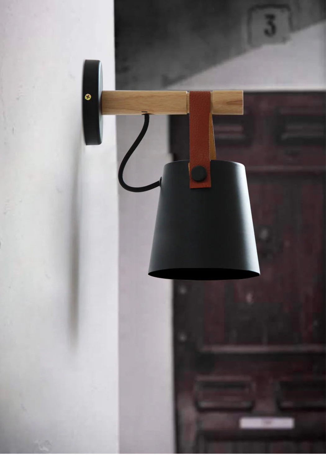 Nora Leather strap wooden scandi wall Light - Image 5