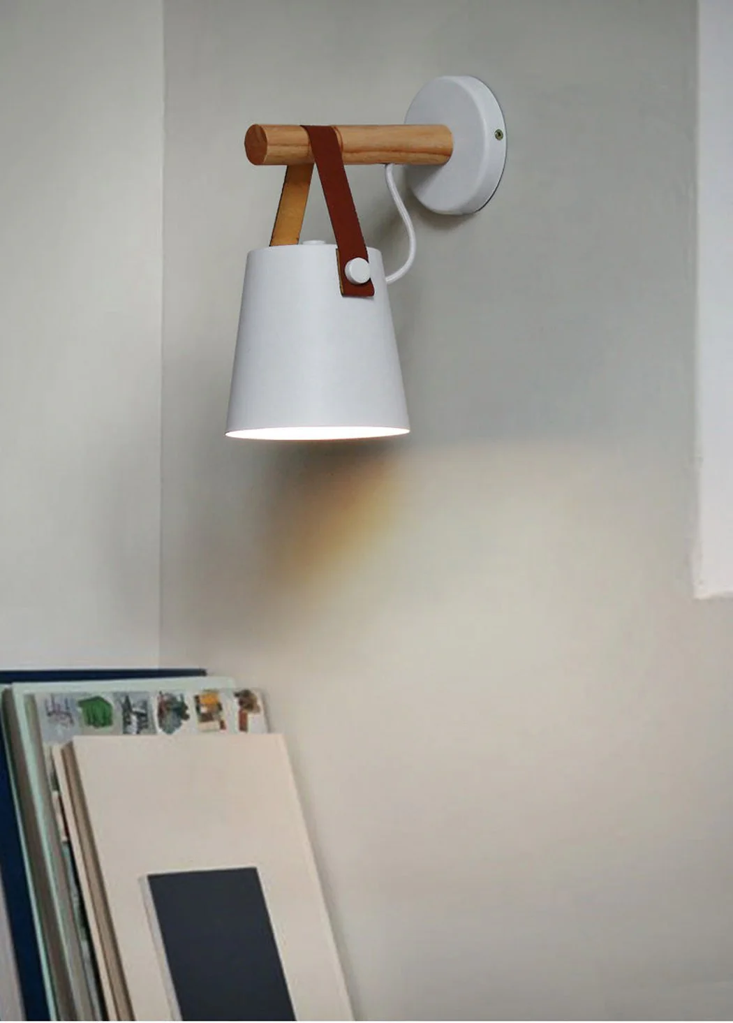 Nora Leather strap wooden scandi wall Light - Image 7