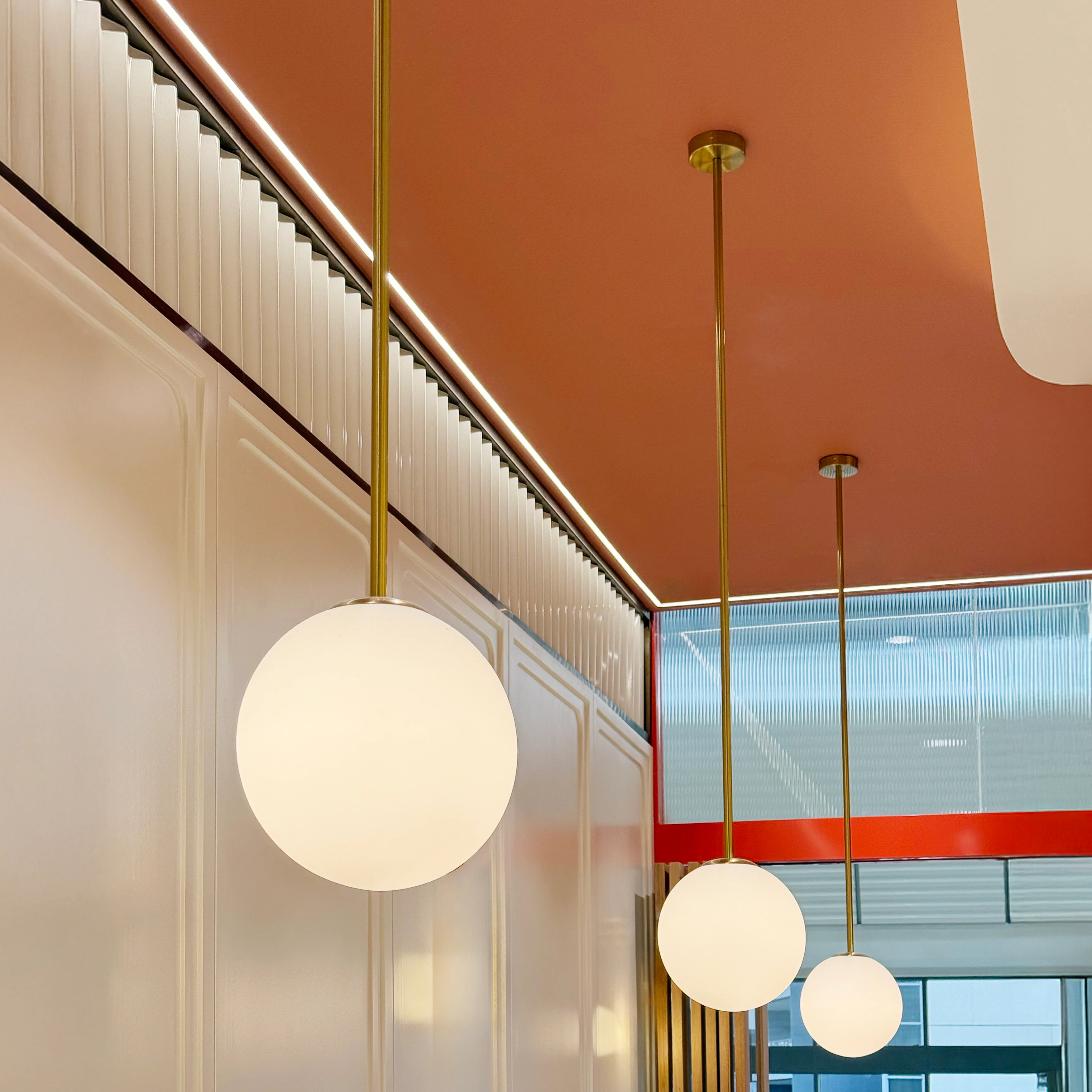 Opaline Mid-century Milky Glass Brass Rod Ceiling Light - Image 3