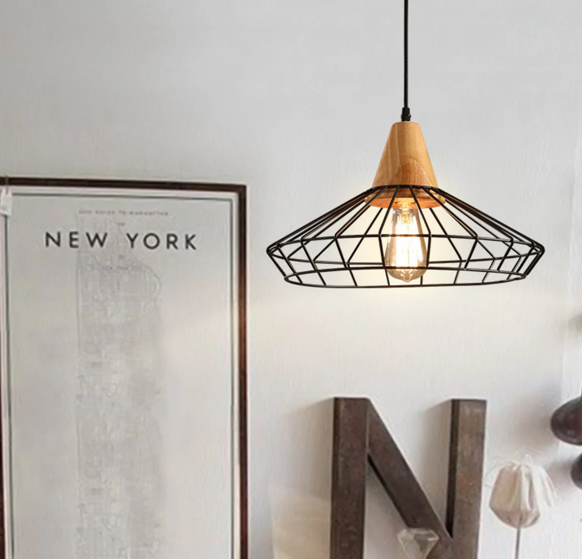Sangkar Metal Cage Pendant Light With Wooden Base - Image 11