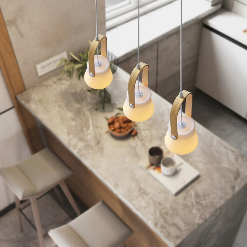 Skandi white milk glass wooden handle pendant light - Image 3