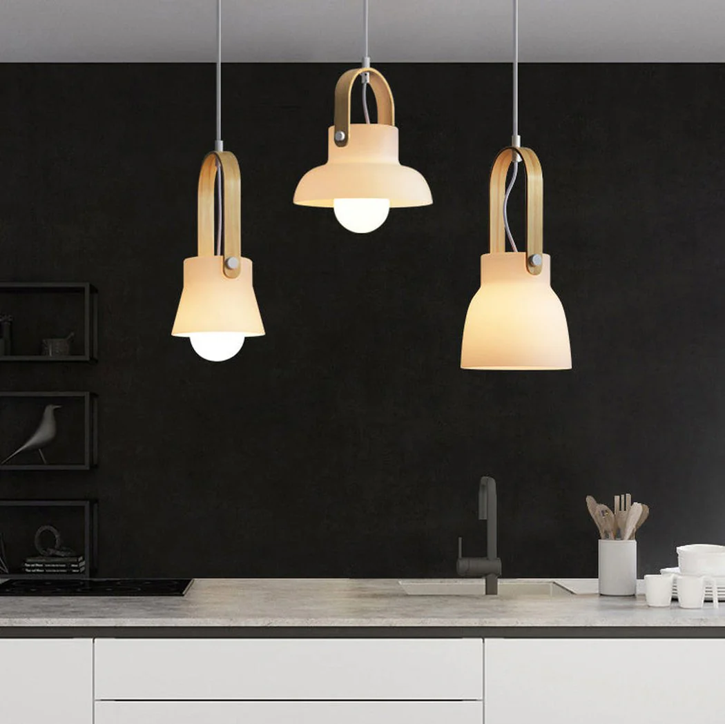 Skandi white milk glass wooden handle pendant light - Image 5