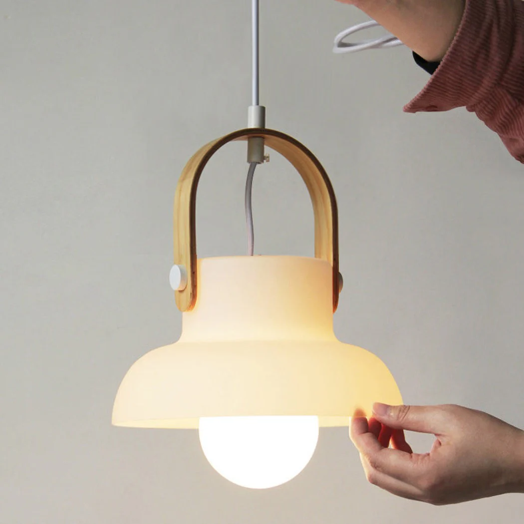 Skandi white milk glass wooden handle pendant light - Image 7