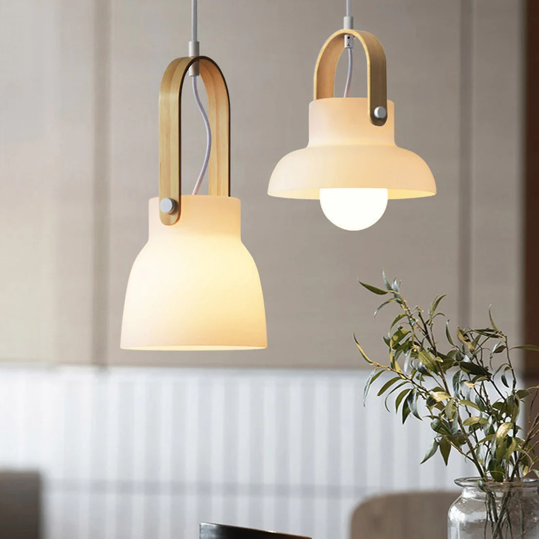 Skandi white milk glass wooden handle pendant light - Image 9