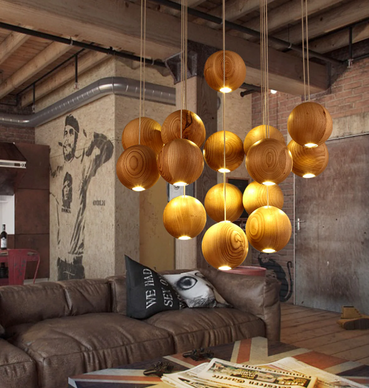 Wooden Orb Sphere Cluster Pendant Light - Image 21