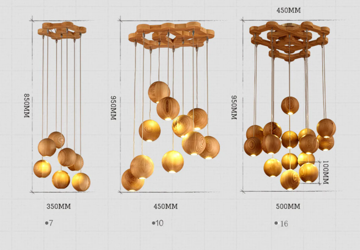 Wooden Orb Sphere Cluster Pendant Light - Image 3