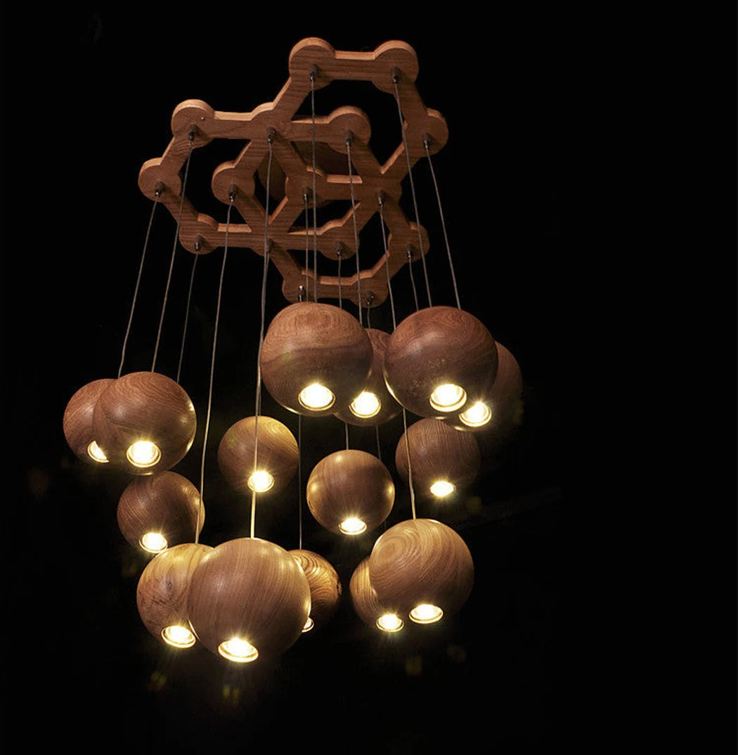 Wooden Orb Sphere Cluster Pendant Light - Image 6